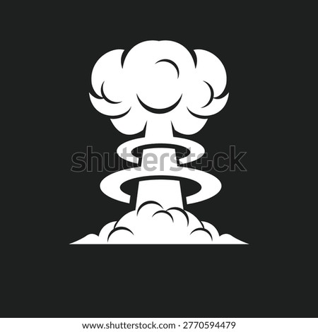 This striking black and white vector illustration features a stylized mushroom cloud, typically associated with atomic bomb explosions or powerful blasts. It serves as a potent symbol for concepts like war, destruction, power, energy, or global crisis, suitable for various design projects and editorial content.