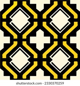 This striking black and yellow pattern on a white background features an art deco and Shipibo influence, creating a captivating and symmetric design.