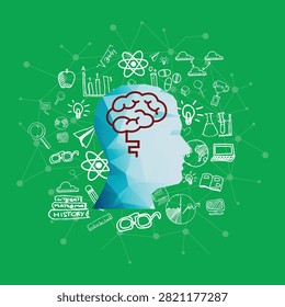 This striking conceptual vector graphic features a low-poly blue human head profile containing a prominent red brain outline against a vibrant green backdrop. The silhouette is surrounded by a diverse collection of hand-drawn white sketches, including books, atom models, math equations, computers, data graphs, and lightbulbs, symbolizing learning, critical thinking, and intellectual exploration. It serves as an excellent visual asset for educational platforms, cognitive psychology blogs, mental health resources, and STEM initiative banners.#Neuroscience #CognitiveDevelopment #MindMapping #STEMEducation #HumanIntelligence #BrainPower #CreativeThinking #LearningResources #PsychologyArt #EducationalGraphics