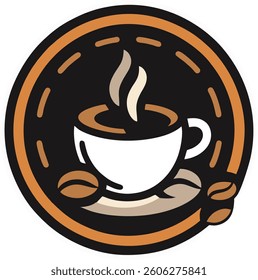 This striking design features a bold coffee cup in the center, with steam gently rising above it, creating a warm and inviting effect. The cup is placed on a saucer, accompanied by a few coffee beans
