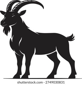 This striking goat illustration features a bold black silhouette set against a clean white background, emphasizing its distinctive curved horns and prominent beard. Designed in a minimalist vector style, the image captures natural proportions and balanced composition while maintaining a sharp and modern aesthetic. Every curve and outline is carefully crafted to reflect the unique shape and posture of the animal, blending realism with stylized artistic interpretation. Perfect for use in logos, branding, print media, digital content, apparel design, or educational materials, this versatile graphic highlights the goat’s noble stance and detailed features in a visually compelling way. The clean lines and high contrast enhance clarity, ensuring the design remains impactful at any scale. Ideal for wildlife-themed projects, agricultural or farm-related branding, nature conservation campaigns, or creative merchandise, this illustration combines simplicity with sophistication. Its symmetrical and proportionate layout provides a sense of stability and elegance, making it suitable for professional and creative applications alike. The monochrome palette allows easy integration into various backgrounds and design contexts, offering flexibility for designers and artists. The minimalist approach ensures a timeless appeal, allowing the image to retain relevance across modern trends. With a focus on clean geometric forms and naturalistic posture, this goat silhouette exudes strength, wisdom, and grace, creating a recognizable and memorable visual element. Whether used as an emblem, icon, or decorative feature, this illustration is a premium asset that embodies the essence of rural life, wildlife beauty, and artistic clarity.
