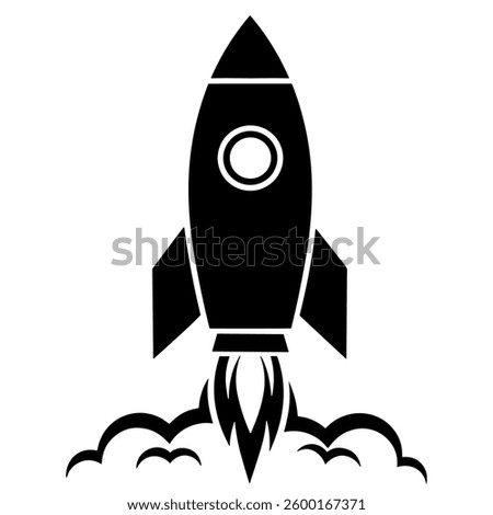 This striking graphic features a sleek rocket icon launching with dynamic flames and smoke. Perfect for design projects related to technology and innovation.