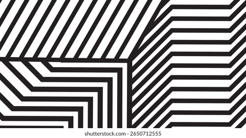 This striking graphic presents a high-contrast black and white optical illusion with parallel lines, right angles, and geometric patterns, creating a visually compelling aesthetic that draws the eye