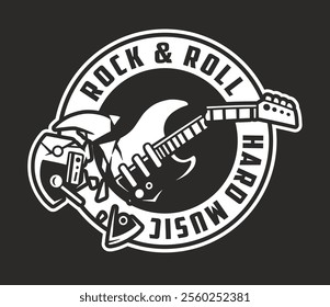 This striking graphic showcases an electric guitar intertwined with music elements expressing a bold and vibrant rock and roll aesthetic. Perfect for music lovers and enthusiasts.