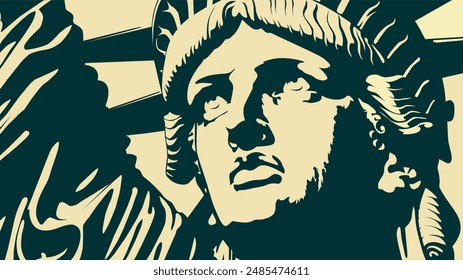 This striking illustration captures a close-up view of the Statue of Liberty, focusing on her serene and determined face. 