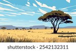 This striking illustration captures the expansive beauty of Serengeti National Park, showcasing its iconic golden grasslands under a vast, blue sky.