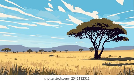 Esta impactante ilustración captura la extensa belleza del Parque Nacional del Serengeti, mostrando sus icónicas praderas doradas bajo un vasto cielo azul.