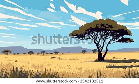 This striking illustration captures the expansive beauty of Serengeti National Park, showcasing its iconic golden grasslands under a vast, blue sky.