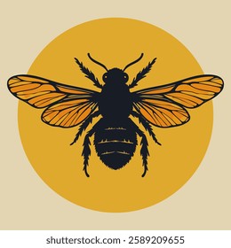 This striking illustration features a black silhouette of a bee with detailed wings that have orange and yellow hues. The bee is centered against a large yellow circle, which contrasts with the beige.
