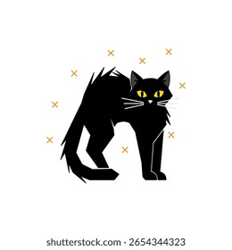 This striking illustration features a black cat arching its back, showcasing its vibrant yellow eyes and graceful silhouette, perfect for Halloween themes and animal lovers.