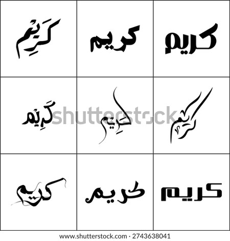 This striking image features a 3x3 grid presenting nine distinct calligraphic styles for the Arabic word "Kareem." "Kareem" translates to "generous," "noble," or "honorable" and is notably used in the greeting "Ramadan Kareem," signifying a generous Ramadan. The collection demonstrates a wide spectrum of calligraphic art, from classic, flowing lines to more modern, geometric interpretations. This visual resource is ideal for designers creating content for Ramadan, Islamic cultural events, or any project aiming to convey themes of generosity, nobility, and spiritual richness.