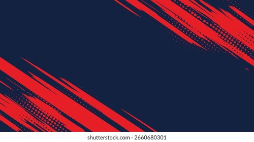 This striking image features bold red paint strokes accented by halftone dots arranged diagonally across a solid navy blue backdrop, creating an energetic and modern composition