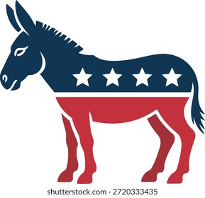 Dieses eindrucksvolle Bild zeigt den Esel der Demokratischen Partei, der in klassischem amerikanischen Rot, Weiß und Blau lebhaft dekoriert ist.