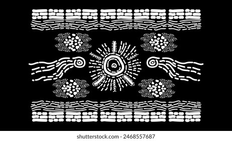 Dieses eindrucksvolle Bild zeigt ein abstraktes Tribal-Doodle-Art-Design, in Weiß vor einem dunklen schwarzen Hintergrund gerendert. Das Kunstwerk zeichnet sich durch eine symmetrische Komposition mit komplizierten Mustern und Formen aus