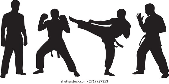 Esta llamativa Imagen muestra figuras de silueta negra que demuestran diferentes posiciones en las artes marciales. Incluyendo posturas que muestran posturas de combate, técnicas de bloqueo, posiciones de lucha y patadas, establecidas contra un fondo blanco limpio.