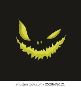 This striking image showcases a sinister, cartoonish face in vibrant yellow against a black background. The exaggerated grin features sharp, jagged teeth and pointed ears. 