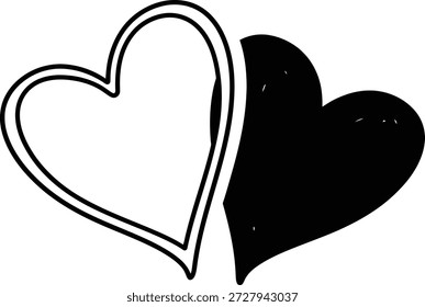 Esta llamativa Imagen muestra dos corazones dibujados a mano en blanco y negro. Un corazón es negro sólido, el otro está delineado. Encarna amor y afecto.