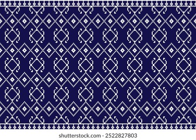  This striking indigo and white textile pattern features traditional Lanna motifs, forming intricate diamond shapes framed by geometric lines. The design reflects Northern Thailand's rich cultural h