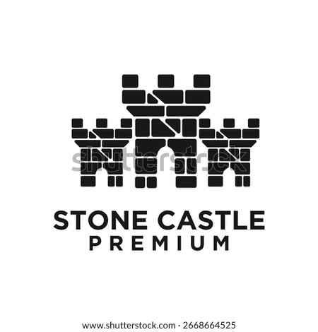 This striking minimalist logo features a black silhouette of three stone castle towers, crafted with a modern and abstract block design.