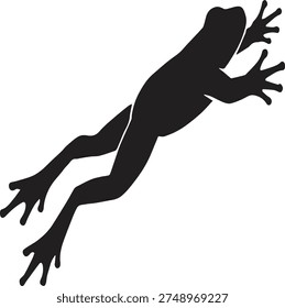 This striking monochrome illustration features a frog captured in a powerful mid-jump moment, expressing motion, agility, and natural energy. The artwork highlights the graceful form of the amphibian as it stretches forward through the air, with extended front limbs reaching outward and strong back legs pushing away from the ground. This dynamic pose conveys movement and vitality, representing the remarkable athletic ability found in many frog species.

The entire design is created using a bold silhouette technique, where a solid black shape stands out sharply against a bright white background. This high-contrast presentation allows the viewer to focus entirely on the shape and motion of the animal without distraction. The clean visual style emphasizes simplicity while still maintaining an expressive and recognizable form.

The illustration follows a minimalist vector design approach, using smooth curves and refined edges to produce a professional appearance. Every line and contour is carefully shaped to maintain balance and clarity. Because the design avoids unnecessary detail, the subject remains visually strong and instantly identifiable. The elegant outline of the frog showcases the natural anatomy of the creature while maintaining a modern graphic aesthetic.

This type of artwork is commonly used for a wide range of creative applications. Its simple yet powerful design makes it ideal for wildlife graphics, nature themed branding, environmental education materials, and outdoor activity designs. The silhouette style also works well for logos, stickers, t-shirt prints, wall decorations, and digital illustrations that require a clear subject with strong visual impact.

Another important advantage of this vector style artwork is its scalability. Because the illustration is created using clean geometric shapes and smooth outlines, it maintains perfect sharpness when resized. Whether used in small icons or large printed posters, the image retains its crisp edges and professional quality.

