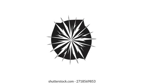 Esta llamativa Imagen monocromática presenta un diseño de explosión. Líneas irradiadas irregulares negras emanan de un núcleo central contra un fondo blanco, creando un efecto dinámico de explosión estelar. Lo abstracto