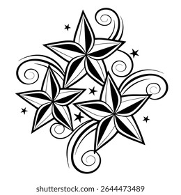 This striking monochrome vector art features three stylized stars, intricately adorned with swirling, ornate tendrils and interspersed with smaller star accents. 
