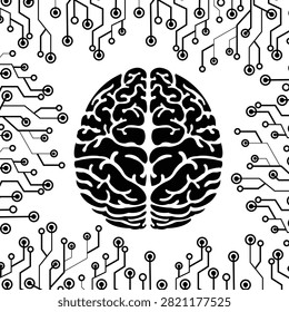 This striking monochrome vector graphic illustrates a high-contrast black human brain silhouette centered among intricate digital circuit board nodes. Visually merging the fields of biology and computational engineering, this graphic perfectly symbolizes artificial intelligence, technological connectivity, and machine learning structures. It represents an exceptional asset for software development blogs, cybersecurity branding, tech-oriented websites, and research papers focused on human-computer interfaces.#ArtificialIntelligence #MachineLearning #CircuitBoard #TechGraphic #NeuralNetwork #Cybersecurity #DigitalMind #DataScience #InnovationTech #Neuroscience