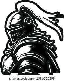 This striking monochrome vector illustration features a fearless medieval knight, clad in heavy armor with a flowing plume on his helmet. The bold, high-contrast design symbolizes strength, honor, and