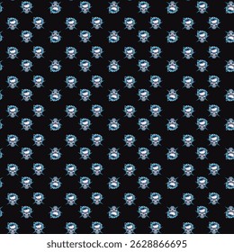 This striking pattern showcases a series of bold skulls with blue flames set against a black background. Perfect for designs that embrace a dark, edgy aesthetic, this pattern is ideal for apparel