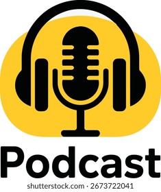 Este llamativo icono de podcasting cuenta con un micrófono y auriculares, ideal para materiales de marca y marketing relacionados con transmisiones de audio, plataformas de medios de transmisión, estaciones de radio en línea y dígitos