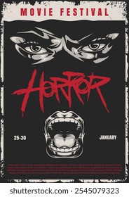 Este llamativo afiche promueve un festival de cine de terror. Gráficos llamativos resaltan los géneros, temas escalofriantes y emoción.