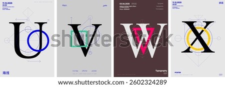This striking poster set presents letters U, V, W, and X with geometric diagrams, serif fonts, bold overlays, and vibrant minimalism—merging typography with clean graphic precision.