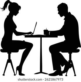 This striking silhouette features a Caucasian woman with a ponytail, seated and using a laptop, across from a Caucasian man writing on paper. They sit at a table with simple chairs.
