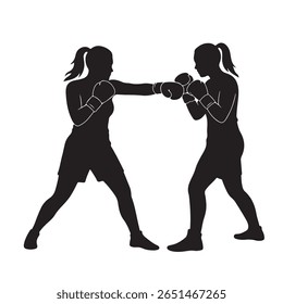 This striking silhouette features two athletic women engaged in a boxing match. One boxer is throwing a forceful punch toward her opponent, emphasizing their active combat and competitive spirit.