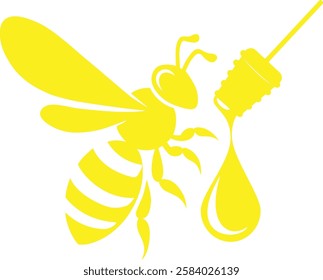 This striking, stylized illustration features a vibrant yellow bee, elegantly designed with bold, flowing lines, poised near a honey dipper dripping with golden nectar. The bee’s wings are gracefully 