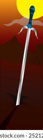 This striking vector artwork features a beautifully detailed sword, elegantly positioned against a rich, reddish background. The sword, with its intricate hilt and polished blade, symbolizes strength 