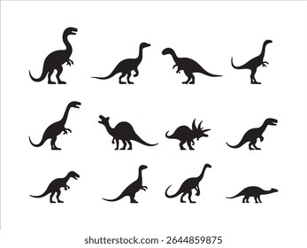 This striking vector file presents a comprehensive collection of detailed black dinosaur silhouette graphics against a clean white background.