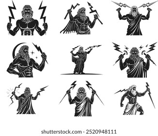 This striking vector icon set features Zeus, the king of the gods from Greek mythology, holding his iconic thunderbolt in various powerful poses. Depicted in a minimalist black-and-white style, these 