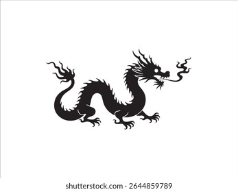 This striking vector illustration depicts a detailed silhouette of a traditional Chinese dragon set against a clean white background. 
