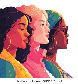 This striking vector illustration depicts three diverse women standing side by side in profile, showcasing a powerful message of unity and female solidarity. Featuring bold colors and contemporary styling—including large gold hoop earrings, stylish sunglasses, and a headscarf—this artwork celebrates intersectional feminism, cultural diversity, and women's empowerment. It serves as an ideal graphic for International Women's Day campaigns, social justice blogs, inclusion initiatives, and lifestyle marketing materials.#WomensEmpowerment #Feminism #DiversityAndInclusion #Sisterhood #InternationalWomensDay #GenderEquality #WomenInProfile #CulturalDiversity #FemalePower #VectorIllustration
