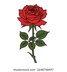  This striking vector illustration features a single, classic red rose in full bloom, complete with a thorny stem and lush green leaves. The bold outlines and vibrant red hue 
