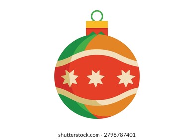 This striking vector illustration features a vibrant red green and orange Christmas tree ornament adorned with three white stars and wavy lines isolated on a clean white background perfect for holida.