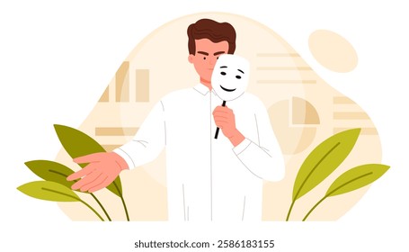 In this striking vector illustration, a man dressed in a white outfit is depicted holding a mask while making a gesture, which signifies deeper themes of identity and concealment that provoke thought