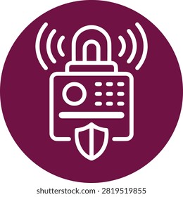 This striking vector illustration presents a sophisticated digital security padlock, rendered in crisp white lines against a deep magenta circular background. The central element is a stylized padlock, featuring a prominent shackle at its apex, symbolizing traditional locking mechanisms. Below the shackle, the body of the lock incorporates a circular dial and a grid of small squares, suggesting a modern numeric keypad or an advanced access control system. Emanating from the top sides of the padlock are distinct curved lines, universally recognized as indicators of wireless connectivity or network signals, emphasizing a digital and interconnected security solution. At the base of the padlock, a strong, upward pointing shield emblem is integrated, reinforcing the concept of robust defense and impenetrable protection. The overall design is clean, minimalist, and highly symbolic, conveying a clear message of safety and safeguarding in the digital realm. The bold contrast between the white icon and the rich, solid background ensures high visibility and immediate recognition, making it an effective visual communication tool for complex security ideas.

This versatile graphic is perfectly suited for a wide array of commercial applications, effectively communicating themes of cybersecurity, data privacy, and network integrity. It serves as an excellent visual asset for technology companies, financial institutions, and online service providers seeking to convey trust and reliability to their clientele. Designers can readily incorporate this icon into website headers, mobile application interfaces, marketing materials, and editorial content related to internet security, antivirus software, or secure transactions. Its clean aesthetic and clear symbolism make it highly adaptable for presentations, infographics, and branding efforts across various digital platforms.