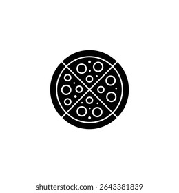 This striking vector image presents a pizza, divided into four slices. Circles of varying sizes representing pepperoni or other toppings are scattered on each section.