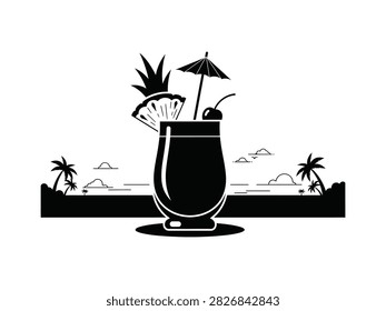 This striking vector image showcases a tropical cocktail in silhouette, complete with a pineapple wedge, cherry, and miniature umbrella. The design features a beach scene backdrop, creating a summery vibe. The isolated object on a transparent background makes it versatile, and the silhouette style is a distinctive feature.