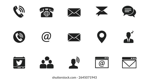This striking vector set of black contact information icons is great for representing address, email, social media or telephone contact information for all industries. This minimalist set could be inc