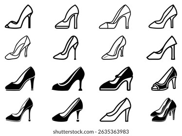 This striking vector showcases sixteen distinct high heel shoe icons arranged in a grid. The design is clean, minimal, and perfect for fashion themed projects.