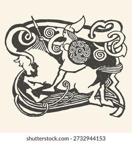 Diese eindrucksvolle schwarz-weiße Vintage-Illustration zeigt eine heldenhafte Walküre, die auf einem majestätischen mythischen Geschöpf reitet und mit komplizierten wirbelnden Mustern und einem dekorativen Schild geschmückt ist.