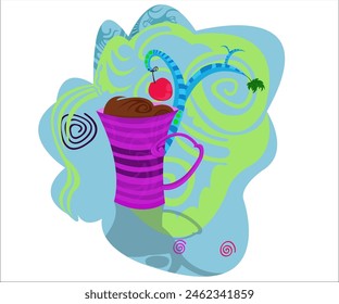 This is a striped tea cup with hot exotic tea and a fantasy tropical tree with a red cherry. This cartoon illustration can be used as a logotype for cafes, tea shops, coffee stores. Vector, isolated.